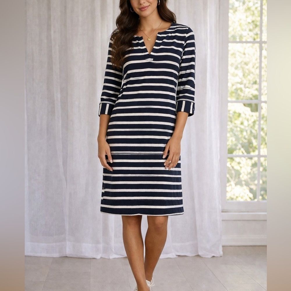 Hatley Navy White Stripe Split Neck 3/4 Sleeve Cotton Dress Medium
